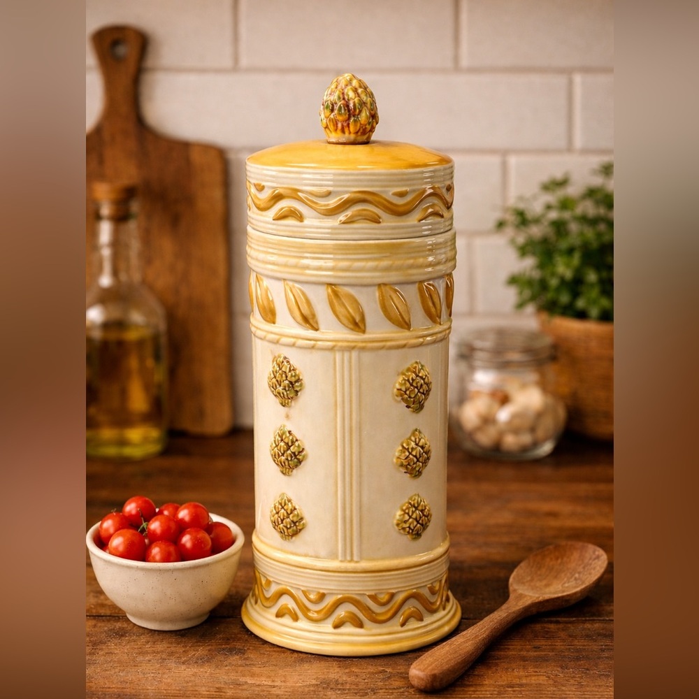 Vintage White Gold Ceramic Pasta Jar Canister w/Lid Italian Boho Kitchen Storage